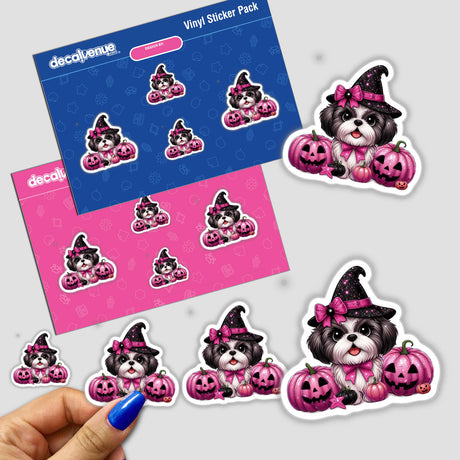 Shih Tzu dog with a pink glitter hat, surrounded by Halloween pumpkins; available as stickers or digital artwork.
