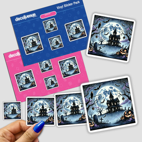 Hand holding Halloween Night - Haunted House and Moonlit Sky sticker pack, featuring a haunted house and moonlit sky design.