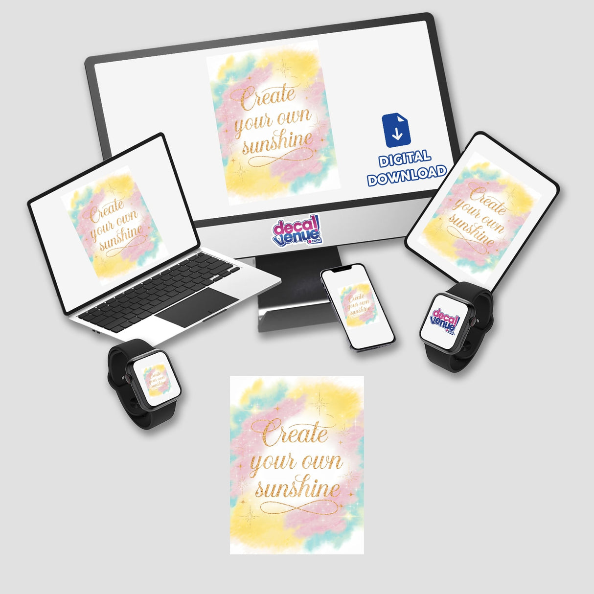 Create your own sunshine sticker displayed on a computer monitor and laptop screen, alongside a smart watch. Available as unique vinyl stickers or digital artwork from Decal Venue.