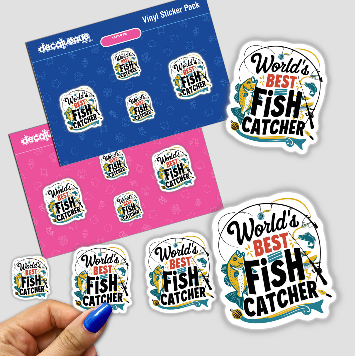 World's Best Fish Catcher sticker pack featuring fish and fishing rod designs with text elements.