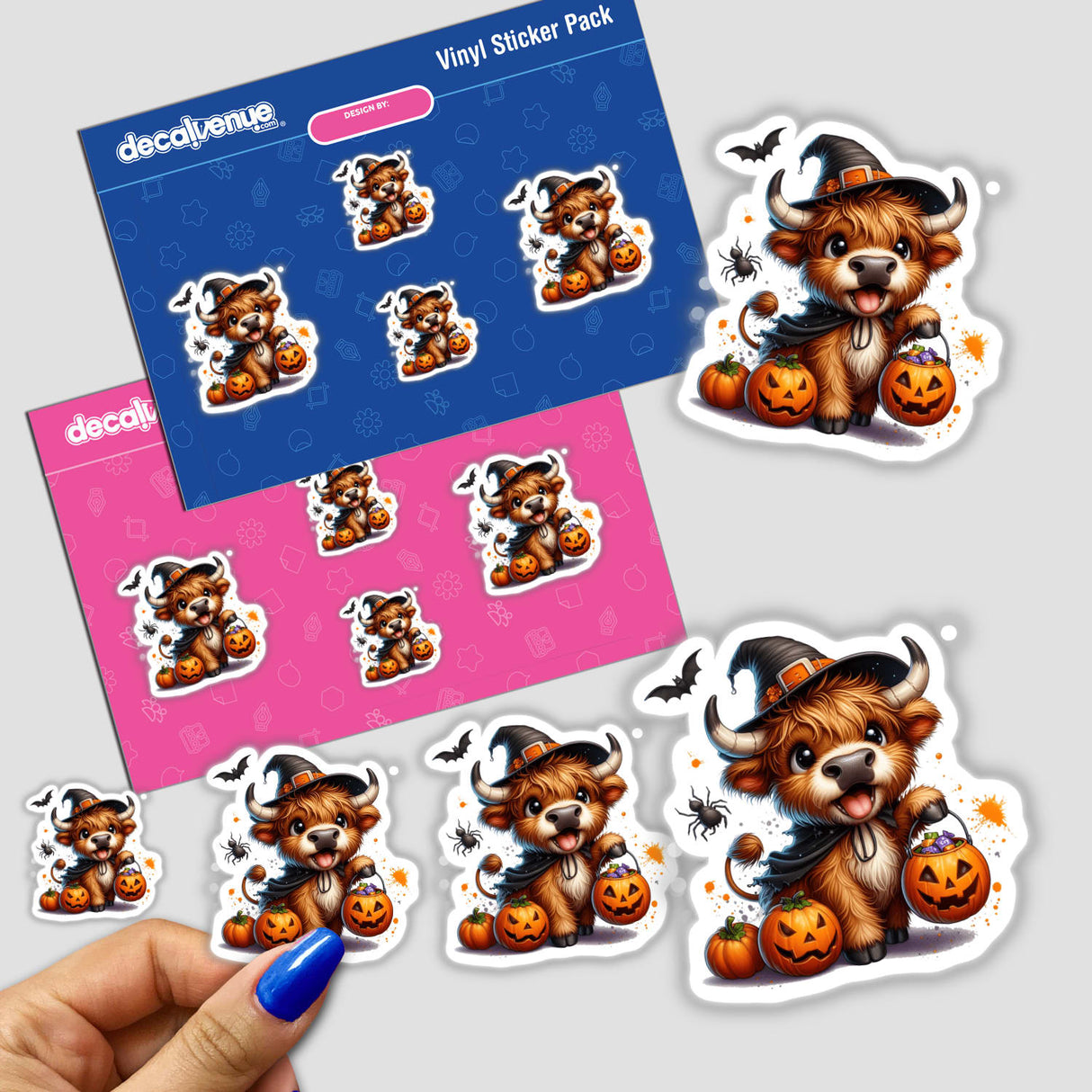 Cute Halloween Highland Cow in Costume sticker pack featuring cartoon cows holding pumpkin baskets.