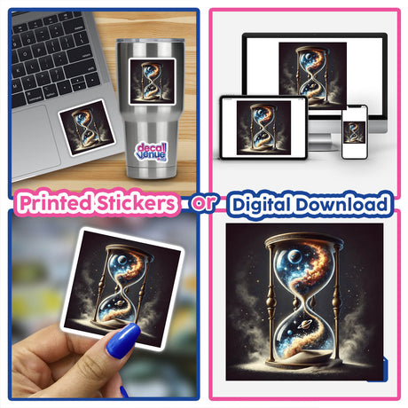 Timeless Sand - Hourglass Filled with Cosmic Dust digital art, featuring a collage with celestial hourglasses, a laptop, and a person's finger, highlighting astronomy and space-themed designs by DecalVenue.