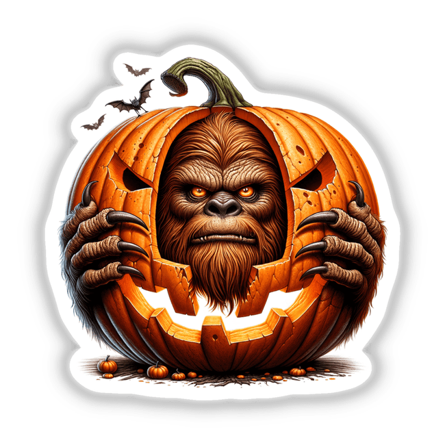 Frightening Sasquatch emerging from Halloween pumpkin, digital artwork with bats flying around