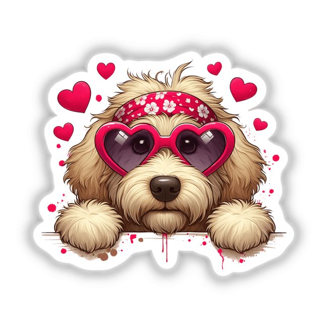 Peeking Goldendoodle Floating Hearts: A cartoon Goldendoodle wears pink heart-shaped sunglasses, playfully capturing the essence of Decal Venue's unique vinyl stickers and digital art offerings. Available as stickers or digital artwork.
