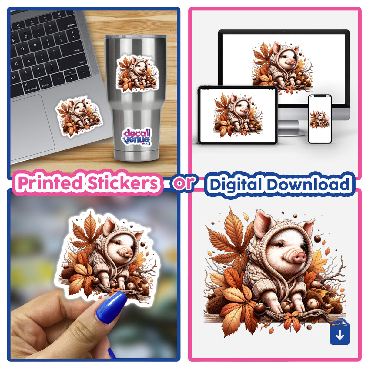 Autumn Pig in Cozy Sweater - Digital artwork featuring a cute porcine figure in a warm, fall-themed illustration with leaves and nature elements, presented in various digital and printed formats.