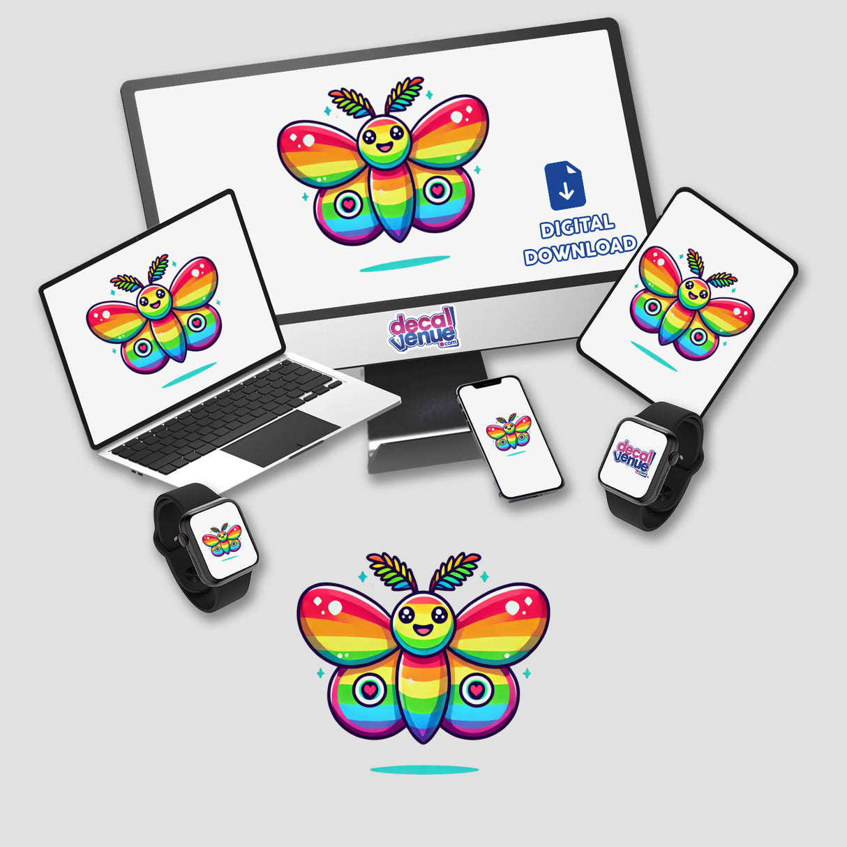 Rainbow Moth design displayed on a computer monitor and laptop, featuring vibrant cartoon butterflies. Ideal for DIY projects and digital downloads, perfect for printable art and sublimation designs.