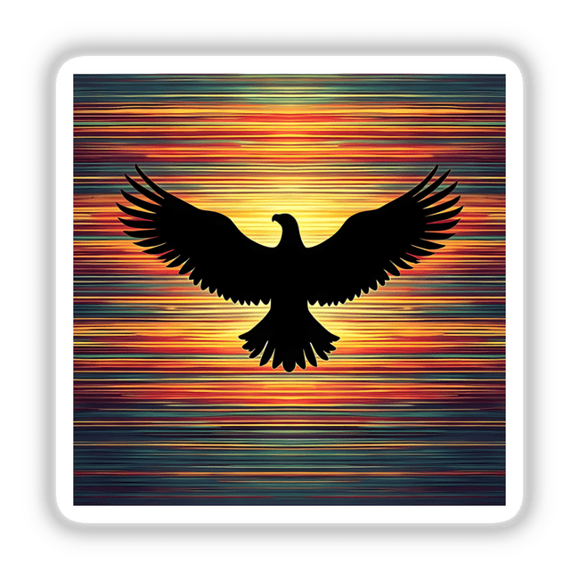 Eagle Silhouette with Dynamic Multi-Color Stripes showing a black bird with wings spread in flight, available as stickers or digital artwork.