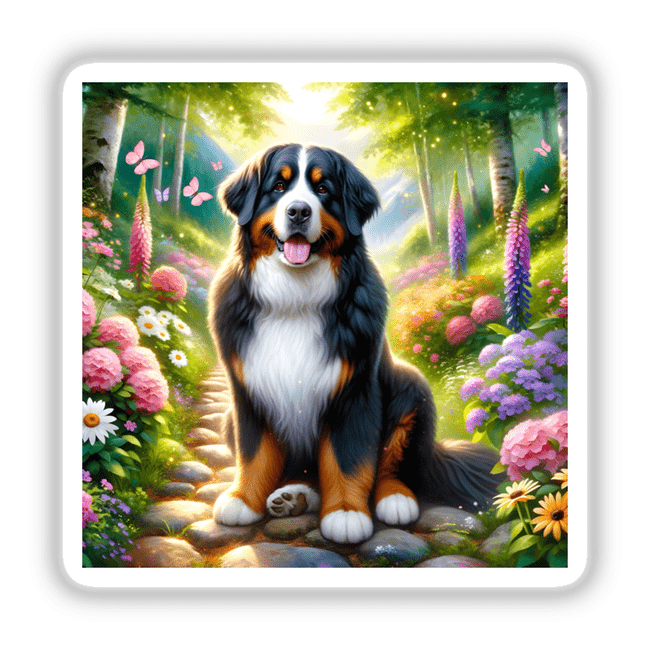 Bernese Mountain Dog on a Peaceful Mountain Trail Watercolor Illustration showcasing a serene dog seated on a forest path, available as stickers or digital artwork from Decal Venue.