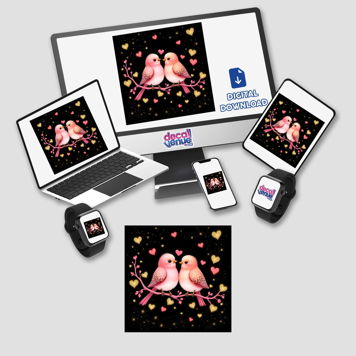Lovebirds on a Pink Branch with Gold Hearts displayed on a laptop, tablet, and phone, showcasing the design available as stickers or digital artwork from Decal Venue.