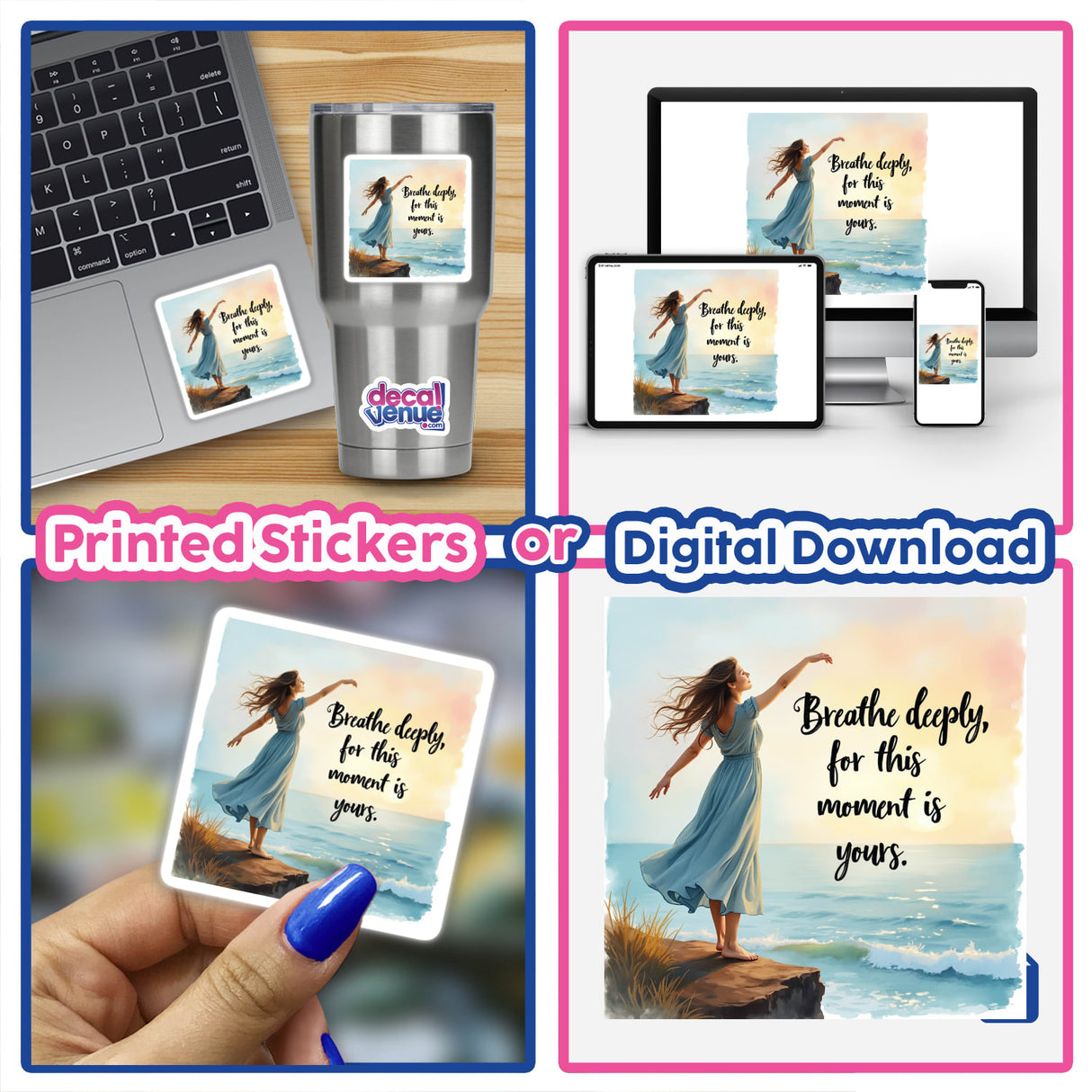 Free-Spirited Woman on a Cliff – “Breathe deeply, for this moment is yours features as a silver mug design, showcasing a dancing woman on a rocky cliff, available as stickers or digital artwork.