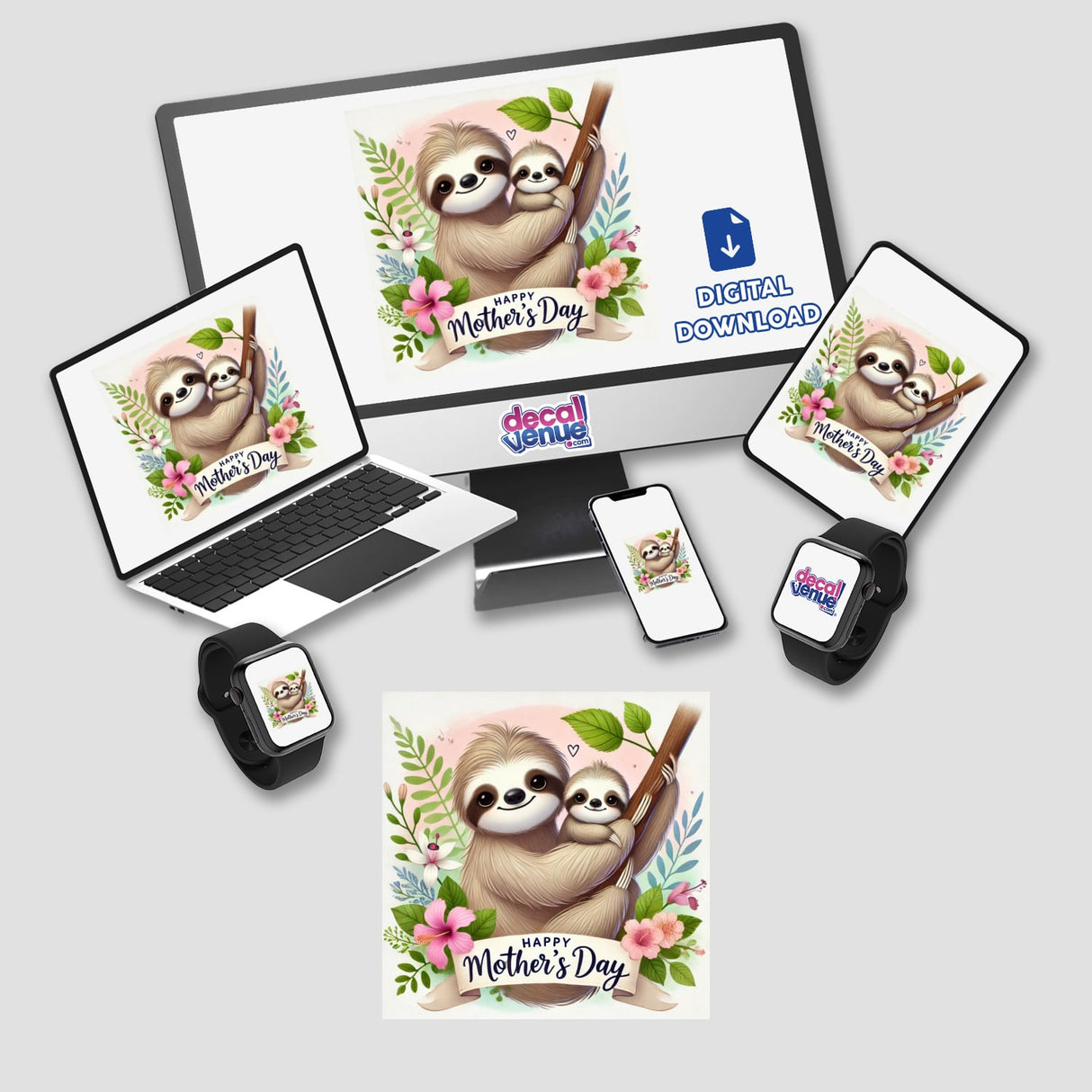 Sloth happy mother's day illustration for mother featuring sloths on digital screens, available as stickers or digital artwork. Perfect for celebrating Mother's Day with unique, charming designs.