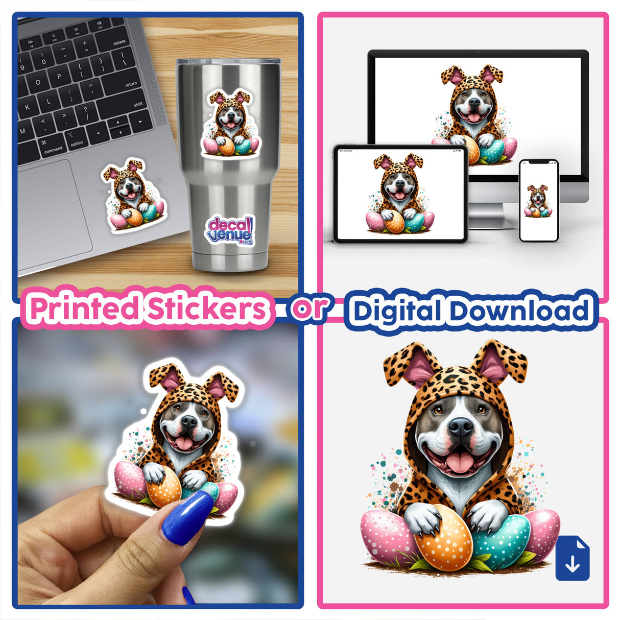 Easter Pitbull in Leopard Bunny Outfit sticker featured on a laptop, showcasing a cartoon pitbull in a leopard hoodie holding colorful eggs, available as vinyl stickers or digital artwork.