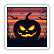 Pumpkin Silhouette with Bold Color Stripes Halloween design featuring a glowing jack-o'-lantern, flying bats, and grass, available as unique stickers or digital artwork from Decal Venue.