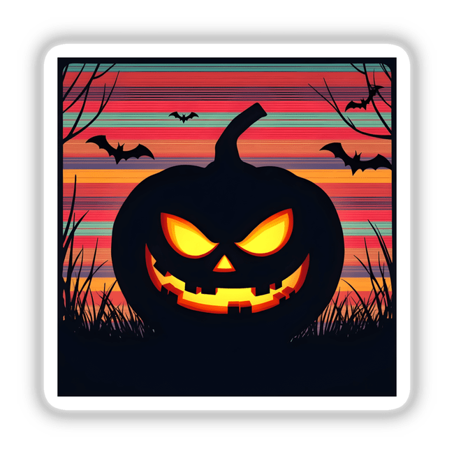 Pumpkin Silhouette with Bold Color Stripes Halloween design featuring a glowing jack-o'-lantern, flying bats, and grass, available as unique stickers or digital artwork from Decal Venue.