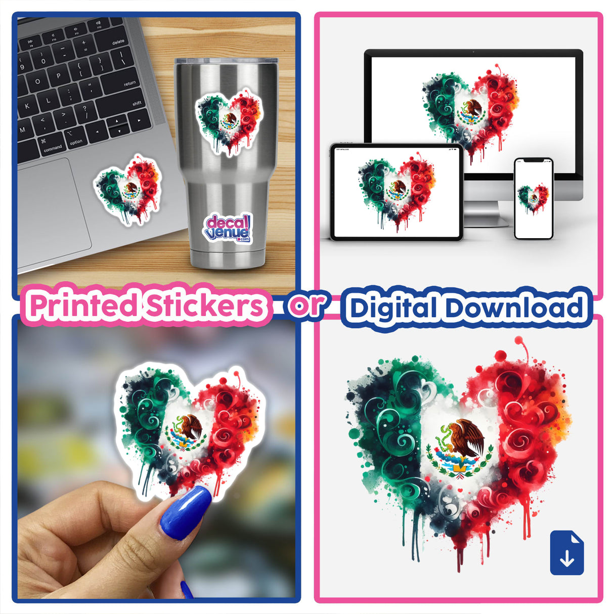 Watercolor Mexican Flag Heart sticker displayed on a laptop, highlighting its vibrant design. Accompanying images show the sticker being held and its use on digital devices.