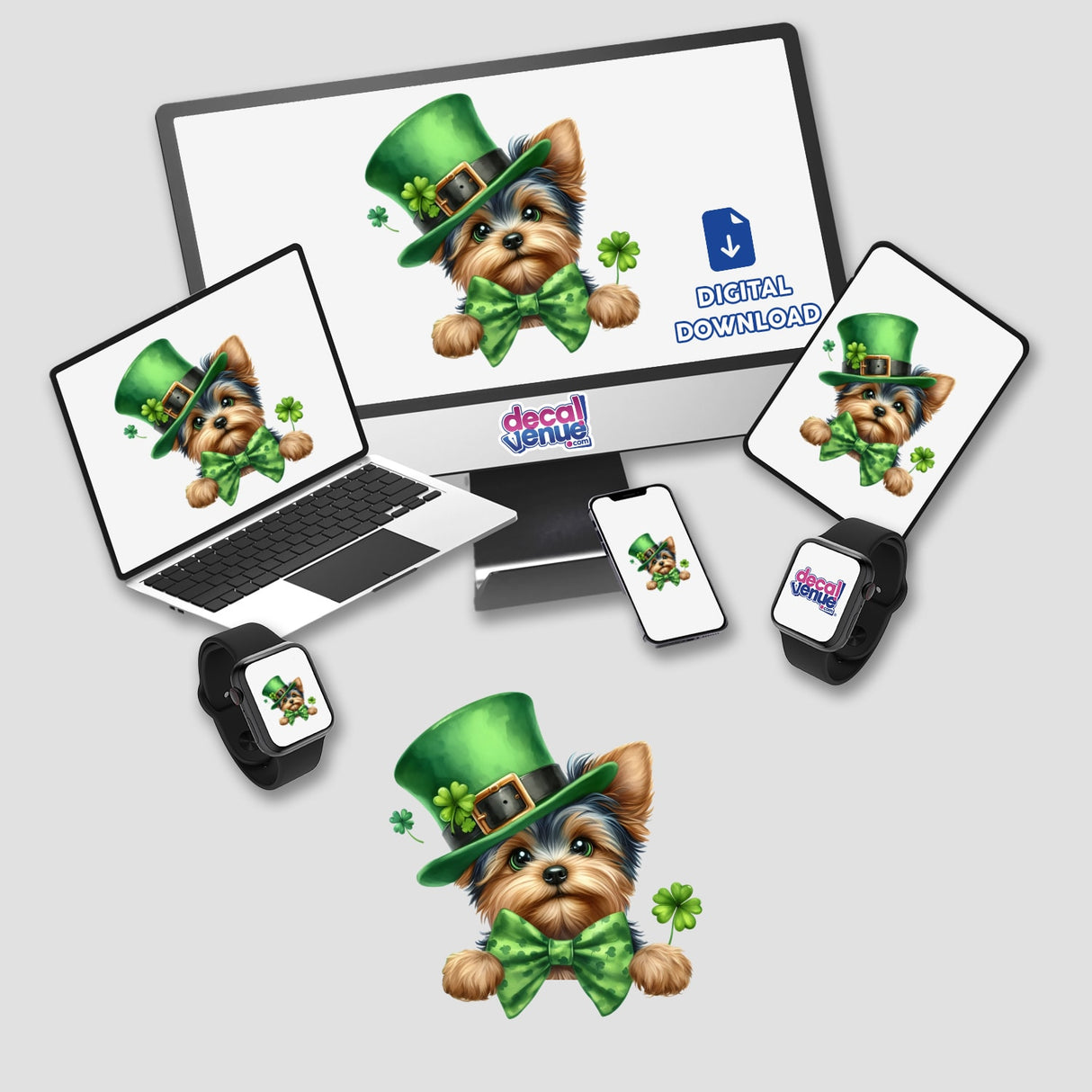 Watercolor Peeking St Patricks Yorkie Dog featured on a laptop, phone, and smartwatch, showcasing its charm as stickers or digital artwork from Decal Venue.