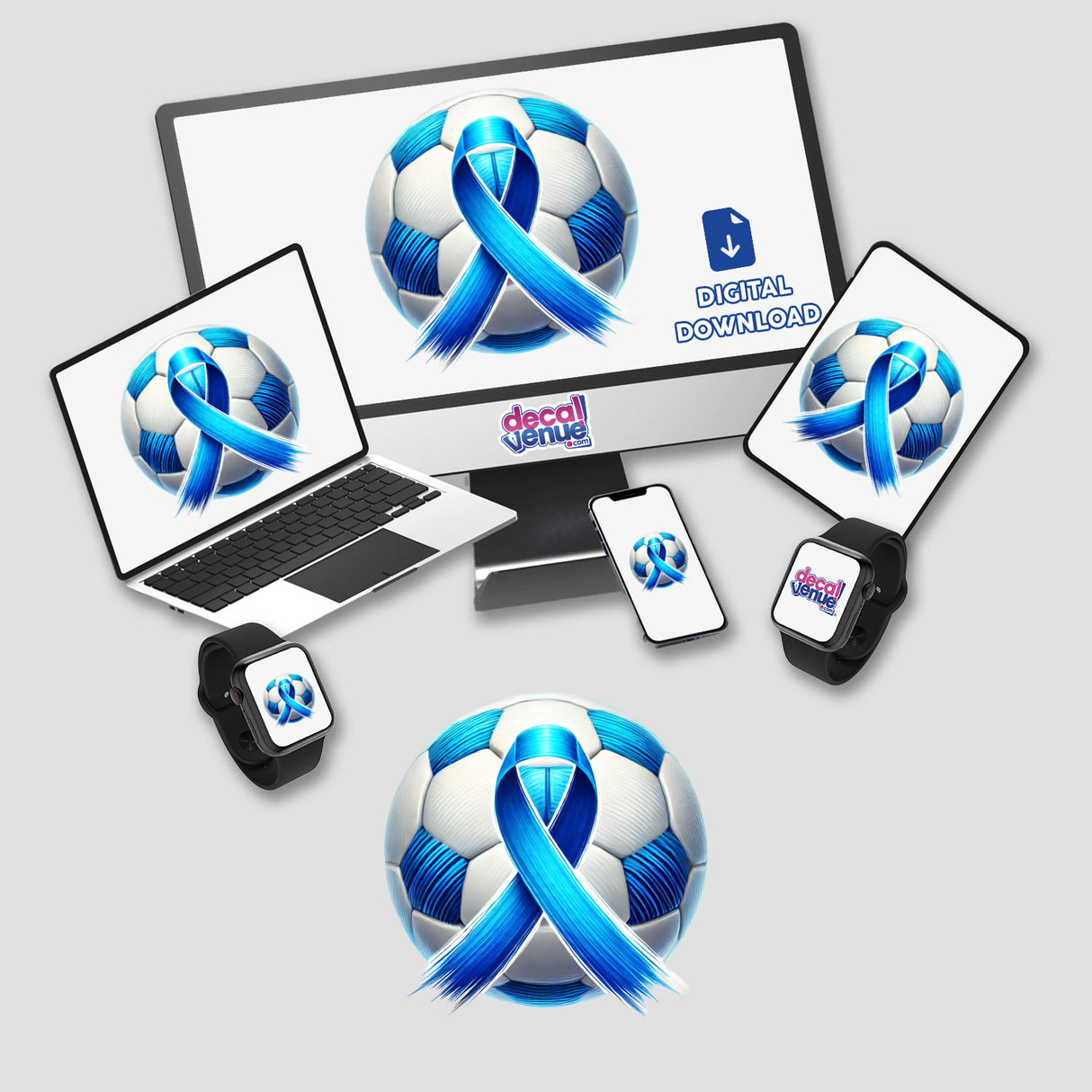 Soccer Ball Blue Ribbon design, displayed on a laptop, tablet, and smartwatch screen. Available as stickers or digital artwork from Decal Venue.