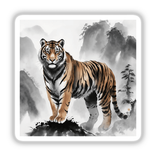 Tiger in Misty Mountains Sumi-e Ink Wash Artwork, available as stickers or digital art, depicts a serene tiger in a misty mountain setting, blending traditional ink wash techniques with modern flair.