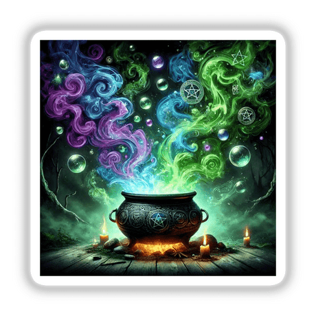 Witch's Brew - A Cauldron Overflowing with Magic: A black cauldron emitting colorful smoke, adorned with a star, perfect for wizarding-themed stickers or digital downloads.