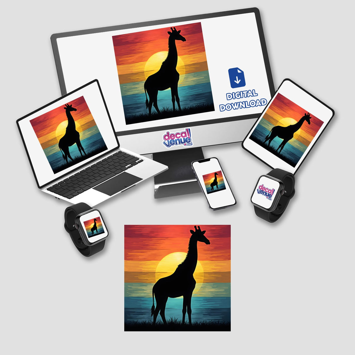 Giraffe Silhouette with Dynamic Color Stripes displayed on various devices: a monitor, laptop, tablet, and phone, showcasing unique stickers and digital artwork from Decal Venue.