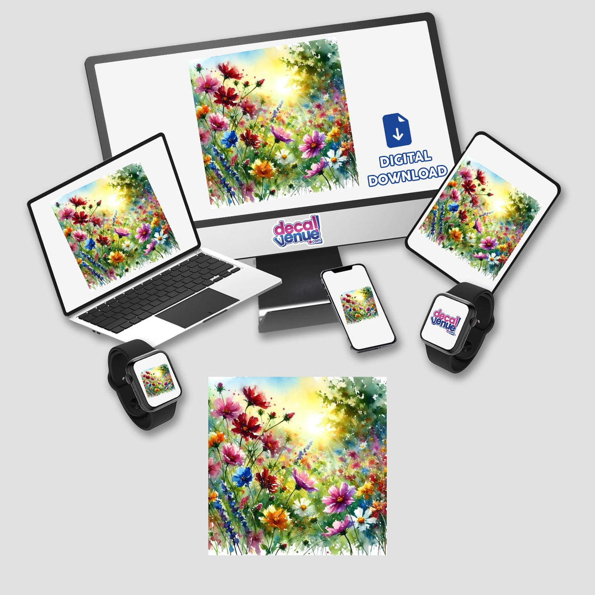 Wild Meadow - Field of Flowers in Bloom displayed on a computer monitor and laptop, showcasing vibrant floral artwork available as Stickers or Digital Artwork from Decal Venue.