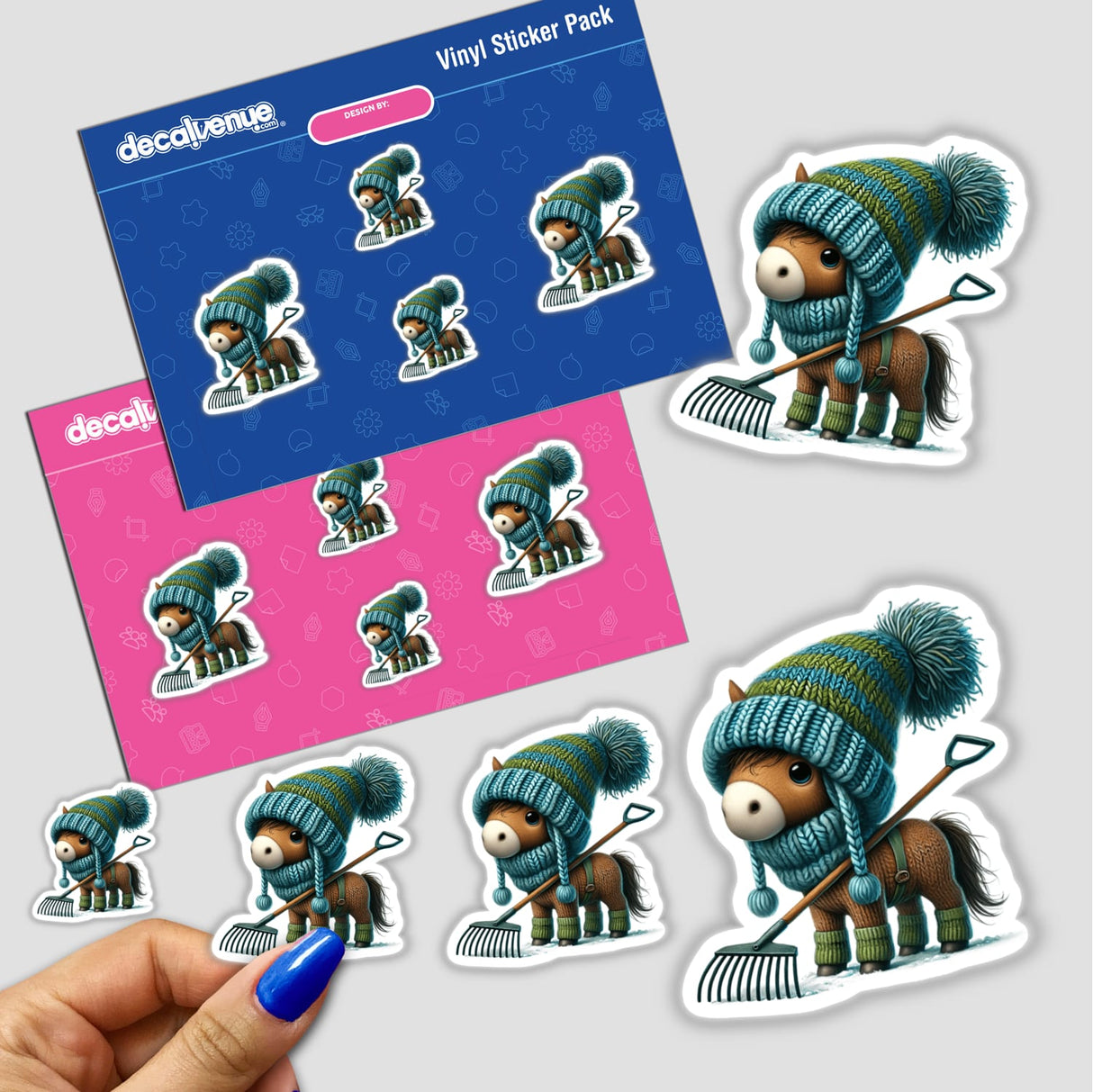 Sticker pack featuring a cartoon horse gnome wearing a hat and scarf, holding a rake. Available as stickers or digital artwork.