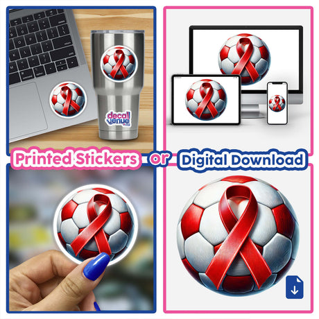 Red Ribbon Soccer Ball collage featuring a football with a red ribbon and a laptop. Available as stickers or digital artwork from Decal Venue.