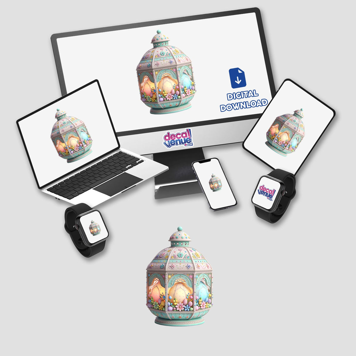 Colorful Easter Lantern Embellished with Flowers displayed on a digital monitor and laptop, available as stickers or digital artwork from Decal Venue.