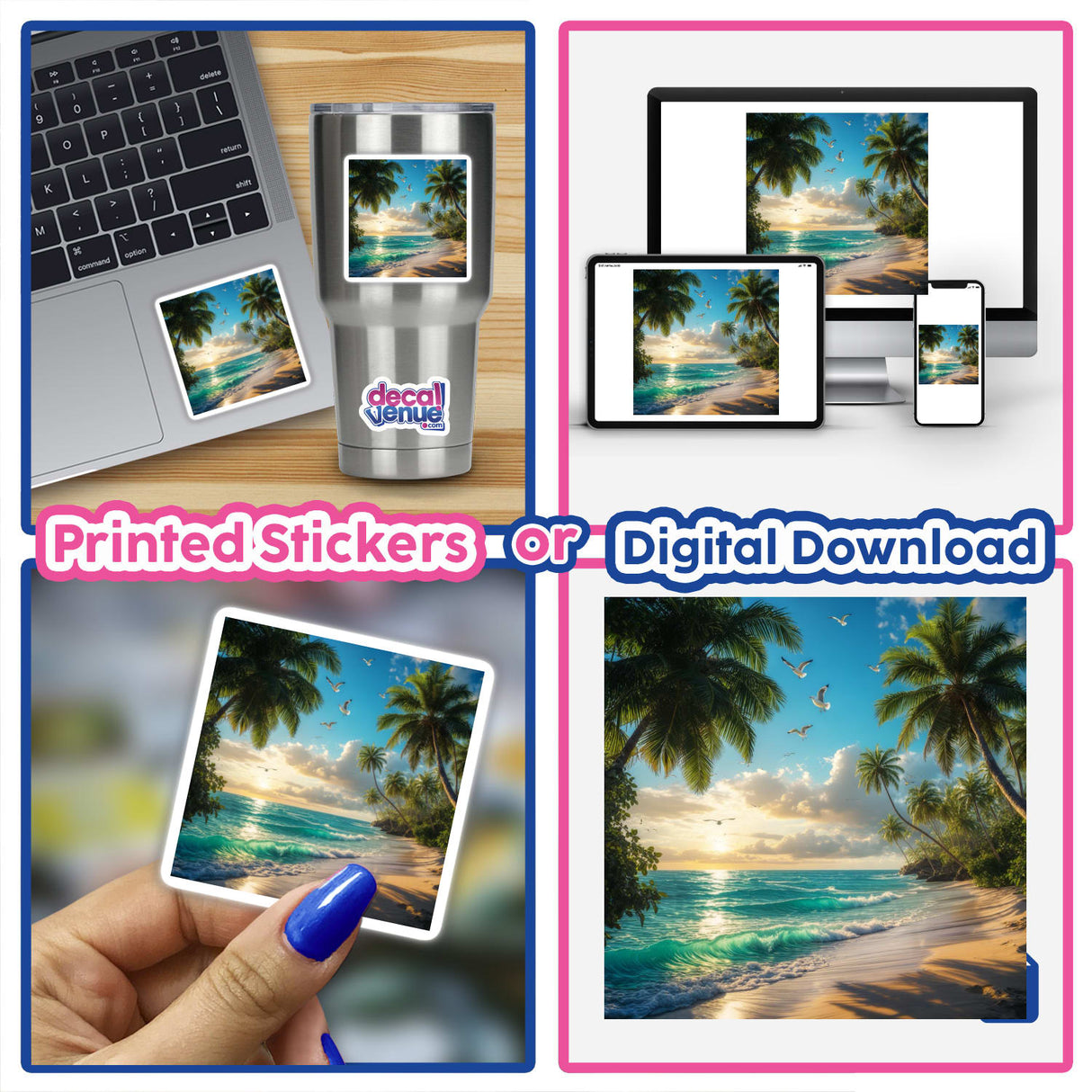 Tropical Breeze Seagulls Over Ocean Shore collage featuring beach scenes, a laptop, and digital devices, highlighting unique stickers and artwork available from Decal Venue.