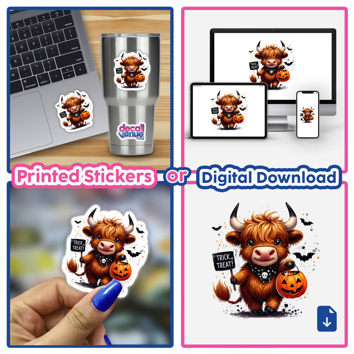 A Halloween Highland Cow Trick or Treat sticker featuring a cartoon yak holding a pumpkin and sign, available as a sticker or digital artwork.