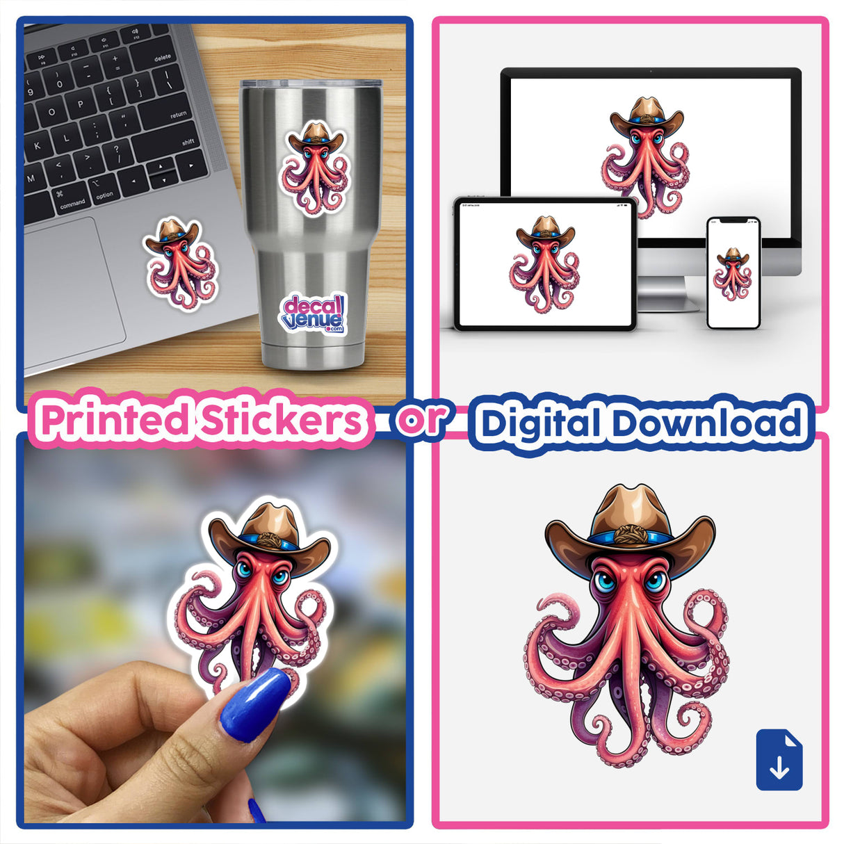 a computer, a laptop, and a sticker of an octopus wearing a cowboy