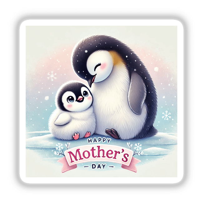 Mother Penguin With Chick For Mothers Day, depicted as a charming vinyl sticker or digital artwork, showcasing a tender penguin duo, perfect for celebrating maternal bonds.