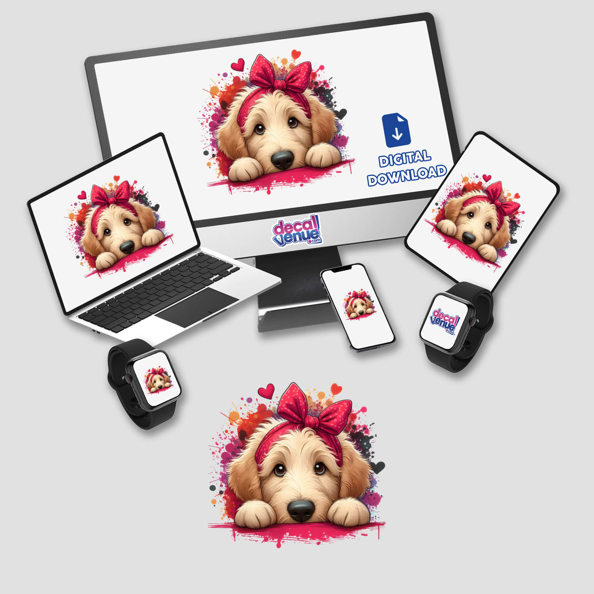 Peeking Goldendoodle Splatter: A digital artwork featuring a cartoon Goldendoodle with a pink bow, visible on a computer monitor, laptop, phone, and smartwatch, available as stickers or digital art.