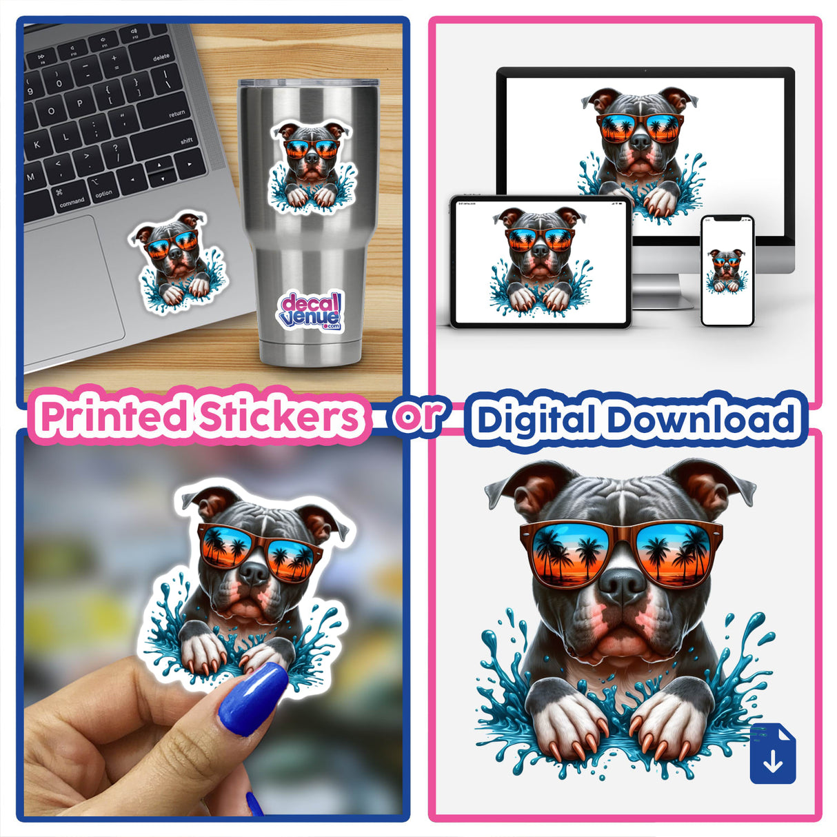Peeking Pitbull Summer Splash sticker collage featuring a cartoon pitbull wearing sunglasses, perfect for laptops or cups, available as vinyl stickers or digital artwork from Decal Venue.