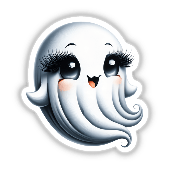 Cute Ghost with Eyelashes: A cartoon ghost with long eyelashes and a white face, available as stickers or digital artwork.