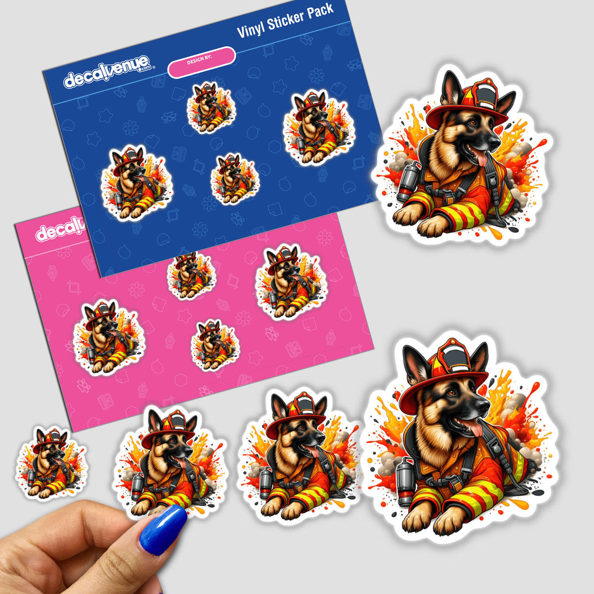 German Shepherd Firefighter Dog sticker featuring a cartoon dog in a firefighter uniform, available as a unique vinyl sticker or digital artwork.