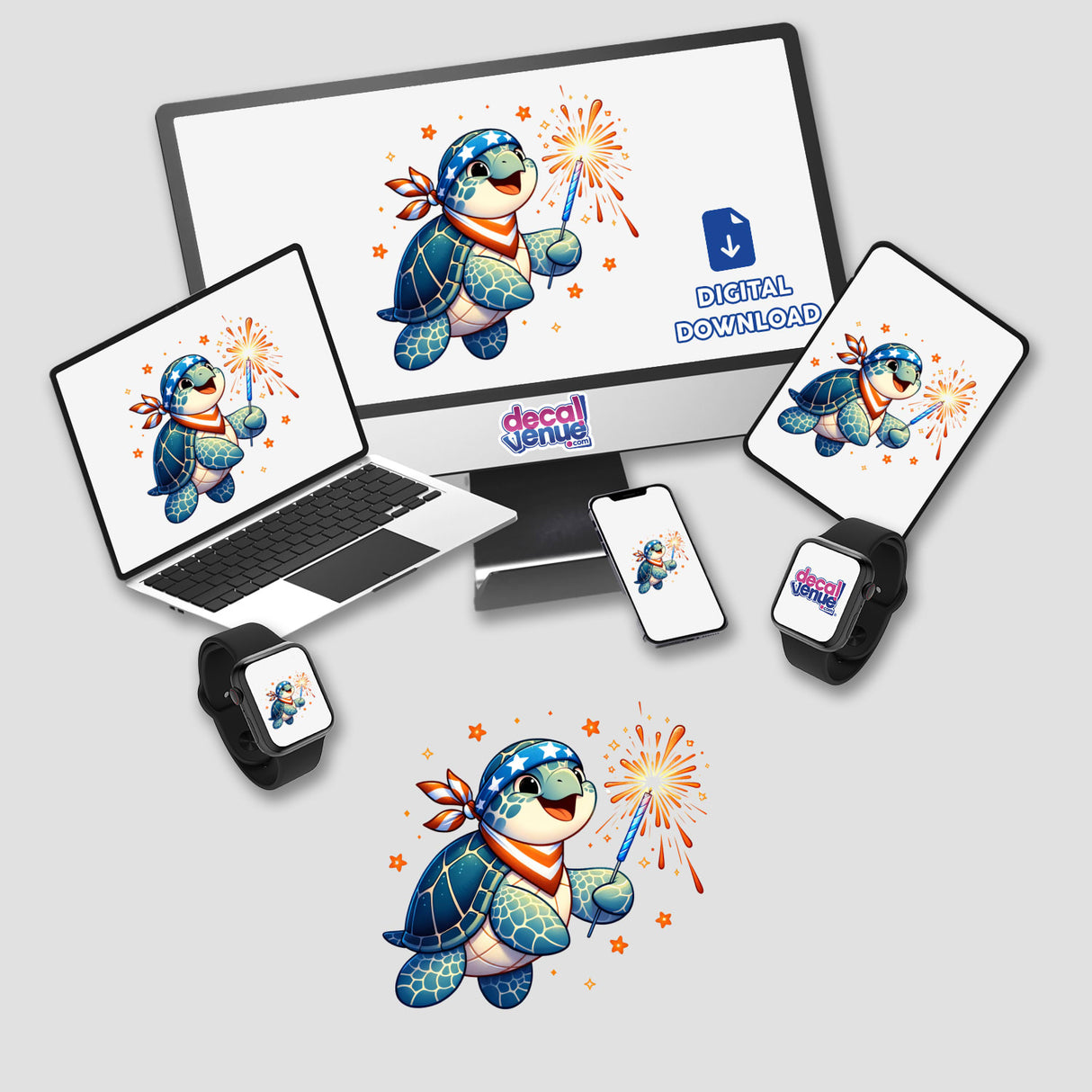 Patriotic Sea Turtle Wearing Bandana Holding Sparkler