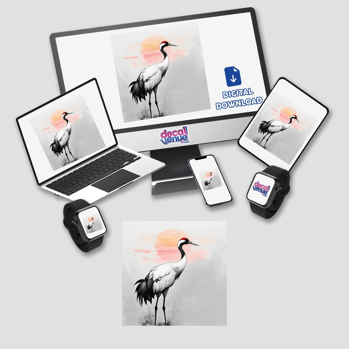 Sumi-e Japanese Watercolor Crane at Sunrise Traditional, depicted elegantly in either sticker form or digital artwork, showcases a crane amid a serene sunrise, embodying the essence of traditional Japanese art.