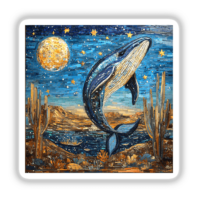 Celestial Whale and Desert Landscape Mosaic featuring a detailed whale leaping from water, available as stickers or digital artwork from Decal Venue.
