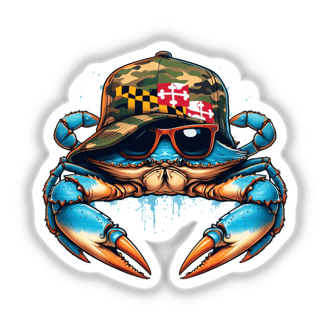 Maryland Redneck Blue Crab depicted as a detailed sticker or digital artwork, showcasing intricate line work and design, embodying Decal Venue's unique collection of vinyl stickers and digital art.