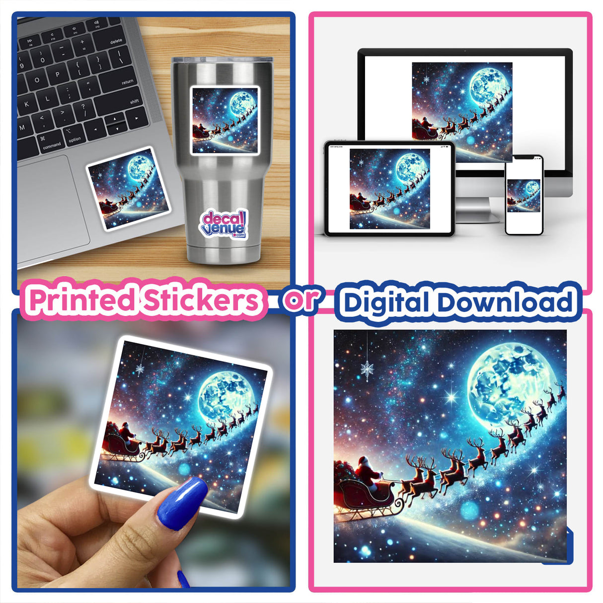 Starlit Sleigh - Santa's Sleigh Flying Across a Starry Sky collage featuring Santa on a sleigh ride, hand holding a Santa picture, and a silver cup with Santa image. Available as stickers or digital artwork.