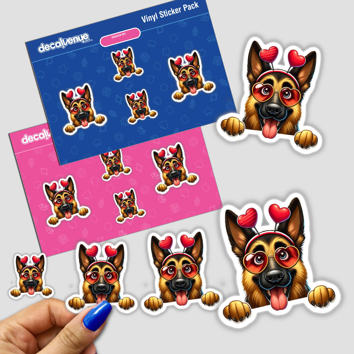 Peeking German Shepherd Cupid Dog stickers featuring cartoon dogs with sunglasses and heart motifs, available as vinyl stickers or digital artwork.