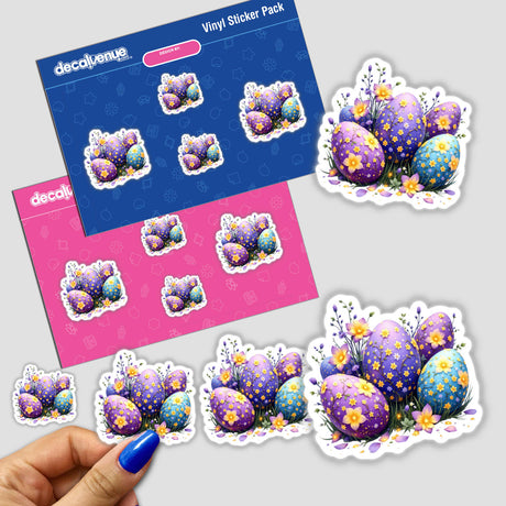Whimsical Magical Eggs with Blooming Springtime stickers featuring vibrant eggs adorned with flowers. Available as stickers or digital artwork from Decal Venue, specializing in unique vinyl stickers and digital art.