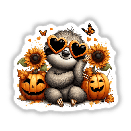 Resting Fall Sloth Sunflowers and Pumpkins sticker or digital art featuring a cartoon sloth wearing sunglasses amidst sunflowers and pumpkins.