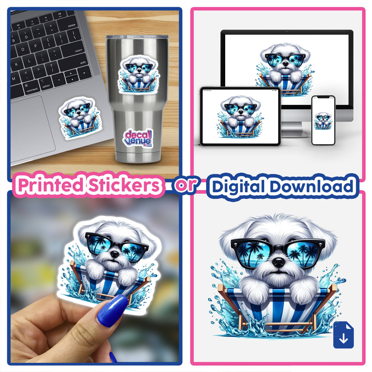 Peeking Summertime Maltese Dog in Beach Chair sticker displayed on a laptop, showcasing the cartoon dog's relaxed pose in a beach chair, capturing the playful essence of Decal Venue's unique vinyl stickers.