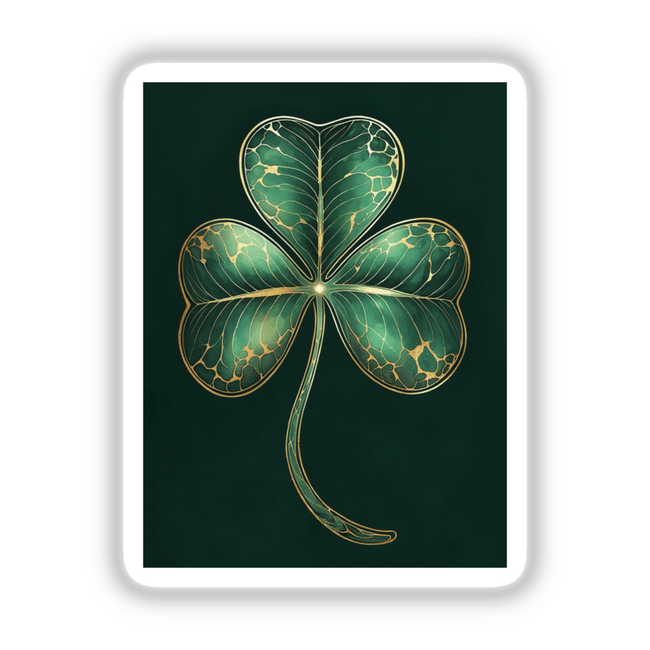 Golden Vein Shamrock sticker features a lush green four-leaf clover with elegant gold accents, capturing the intricate design and artistic flair, available at Decal Venue for unique vinyl stickers and digital art.
