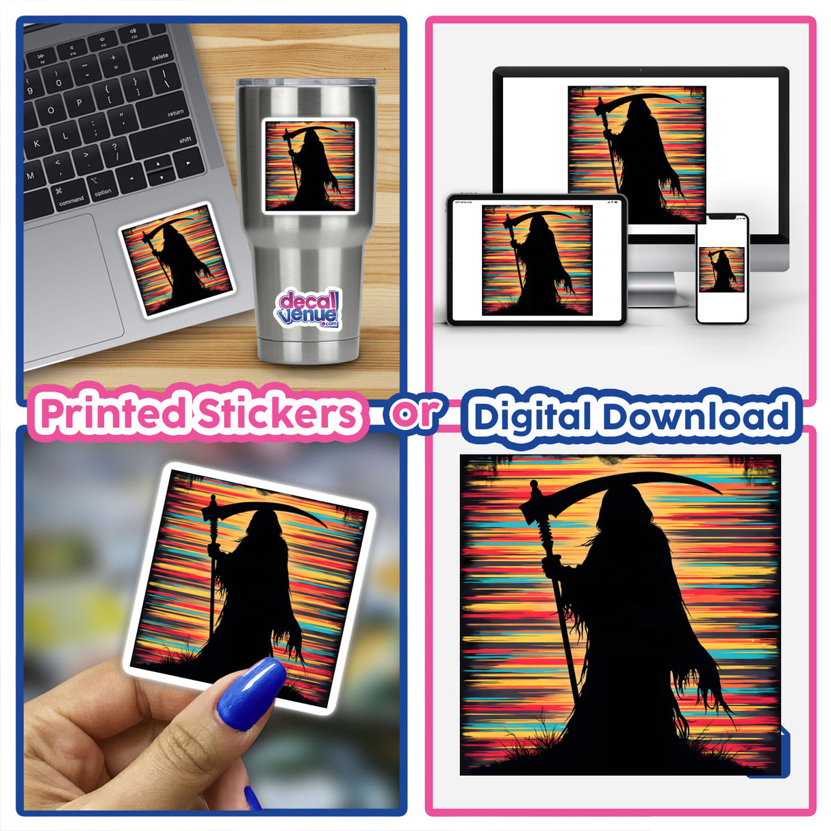 Grim Reaper Silhouette with Bold Stripes Halloween sticker displayed on a computer keyboard, featuring a close-up of finger and mug, available as a sticker or digital artwork.