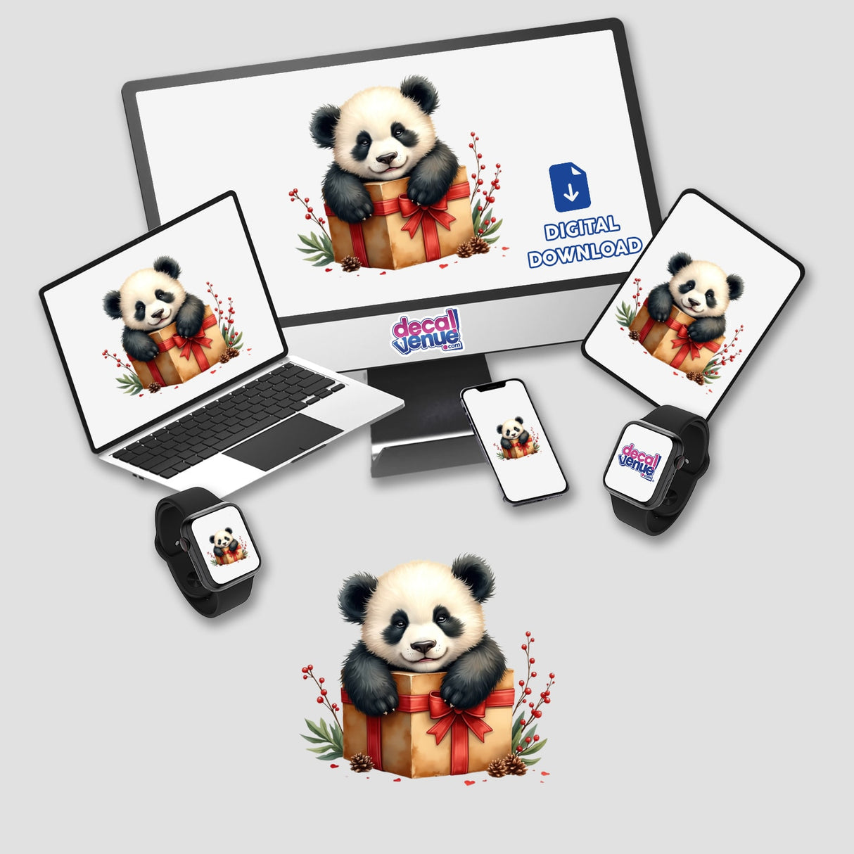 Baby Panda on Christmas Present Box design displayed on various devices, showcasing as stickers or digital artwork, ideal for unique decorative purposes from Decal Venue.
