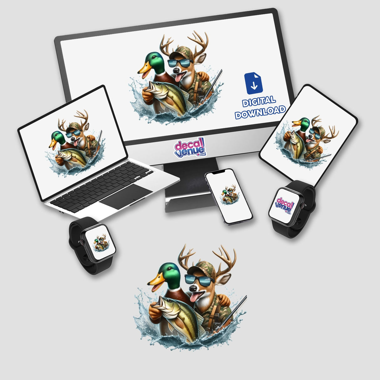Duck Deer and Fish Hunting Buddies stickers or digital art, featuring cartoon-style ducks, deer, and fish on a computer monitor and laptop, embodying playful outdoor adventure scenes.
