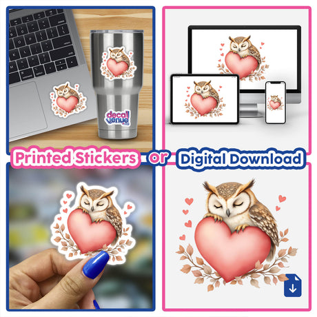 Sleeping Owl on a Heart sticker collage, featuring whimsical owl designs resting on hearts, perfect for customizing laptops and personal items with charm from Decal Venue.